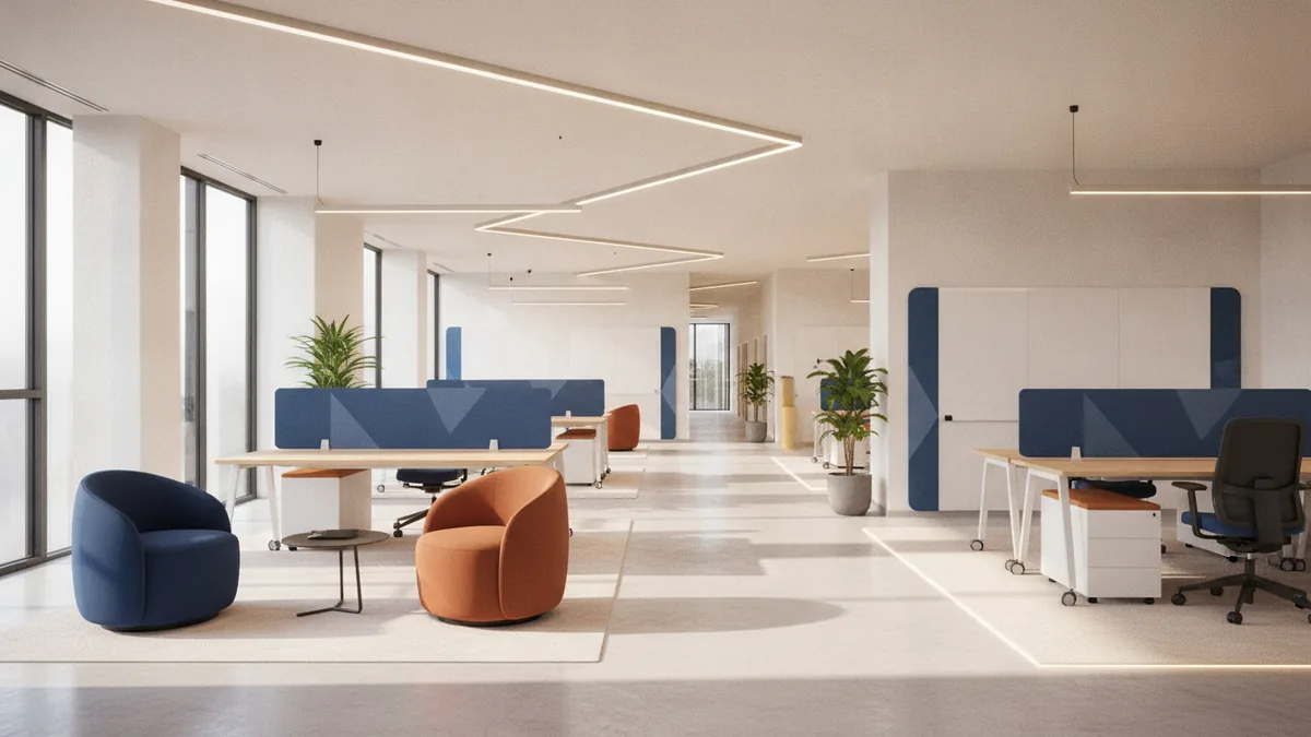 Modern office interior showing layered lighting, flexible furniture, and clear paths