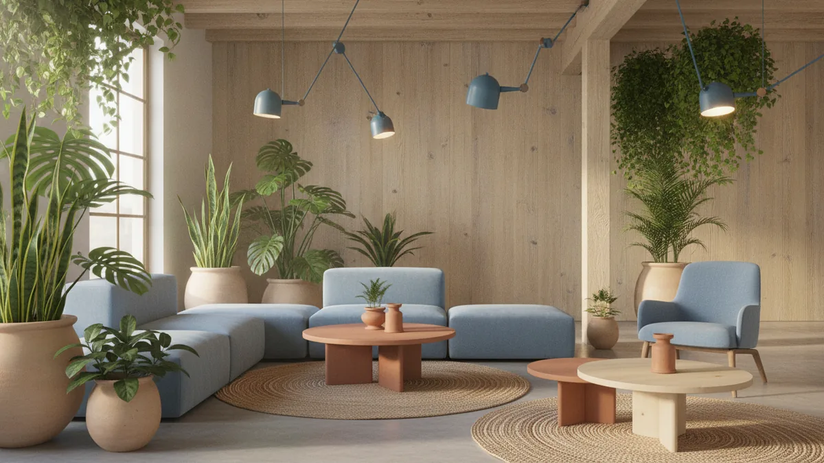 Sustainable commercial design trends Sustainable commercial workspace with plants, natural materials, and smart lighting