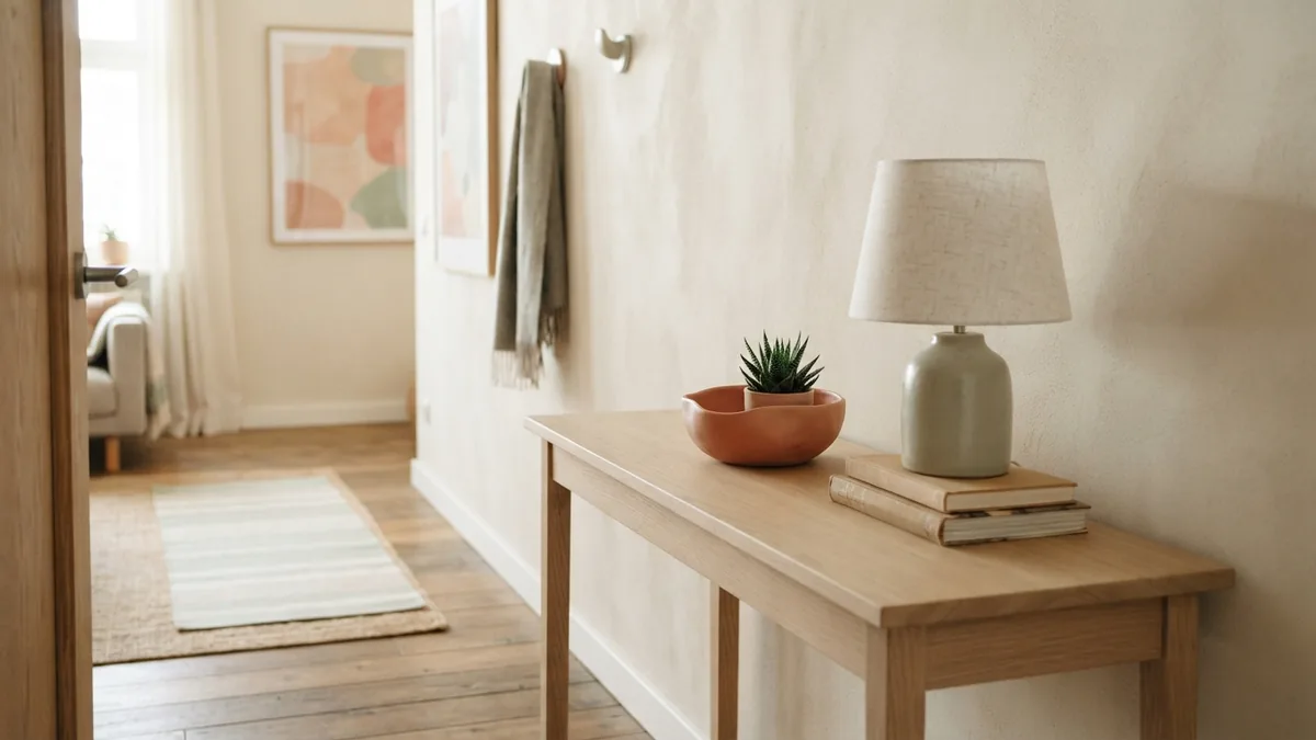 A slim console beside the entry Slim console table beside an entry in a tidy European apartment living room