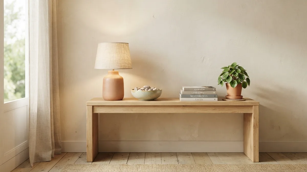 Balanced console table styling with a lamp, ceramic bowl, books, and plant