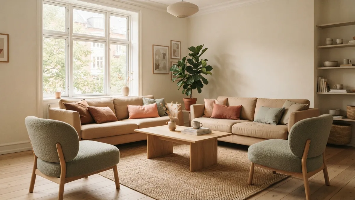 Facing sofas form a conversation area Two beige sofas facing each other with chairs around a pale oak coffee table
