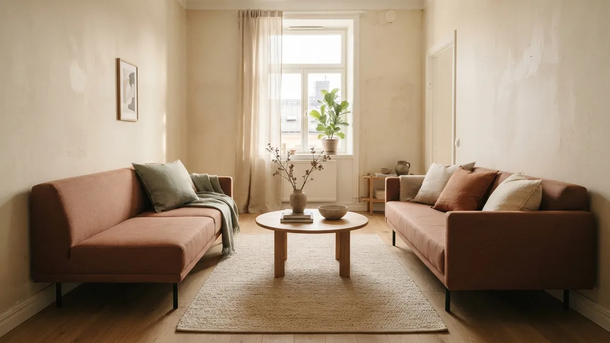Slim sofas arranged in parallel with an open walkway in a narrow living room