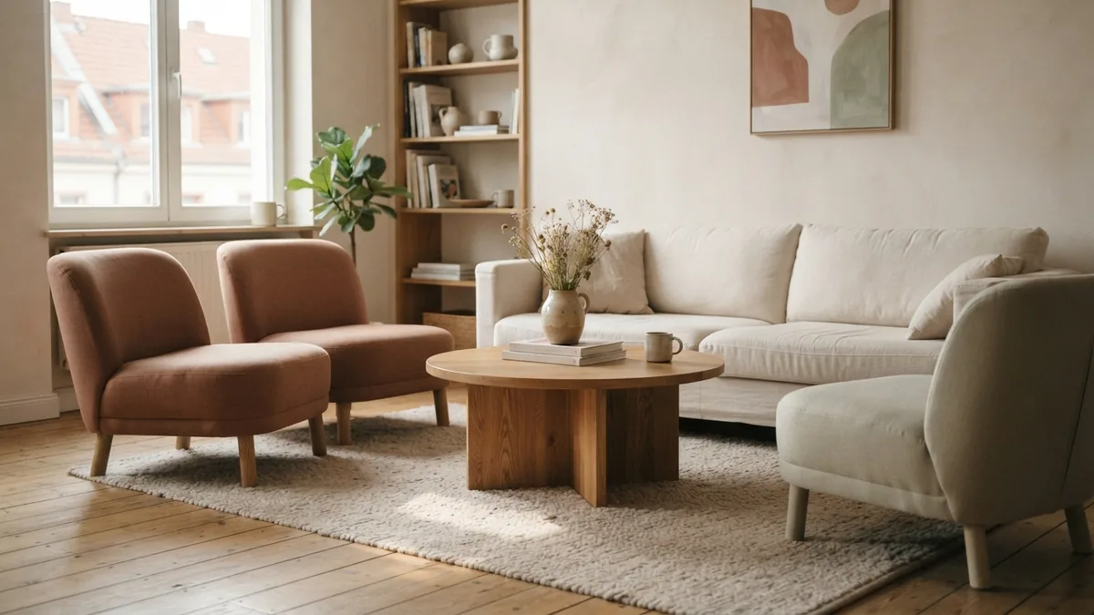 Cream sofa and chairs grouped on a beige rug around a round oak coffee table