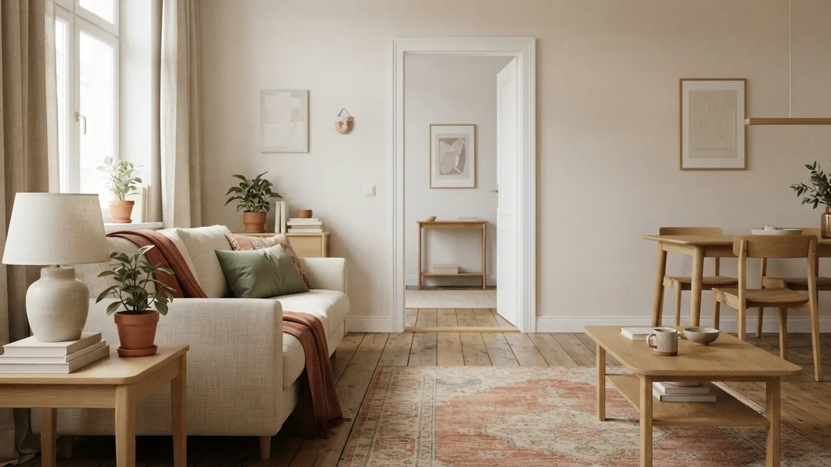 Open walkway beside the couch Clear walking path beside a cream couch in a tidy European living room