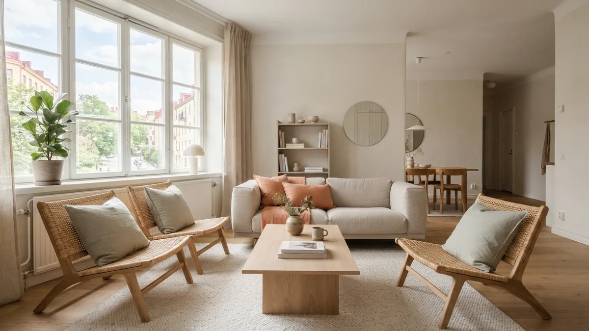 Floated sofa and chairs arranged as a conversation area in a bright home