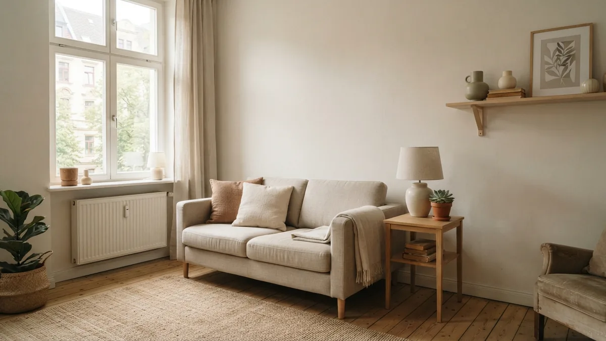 A compact couch in a small living room Compact oatmeal couch leaving open floor space in a small living room