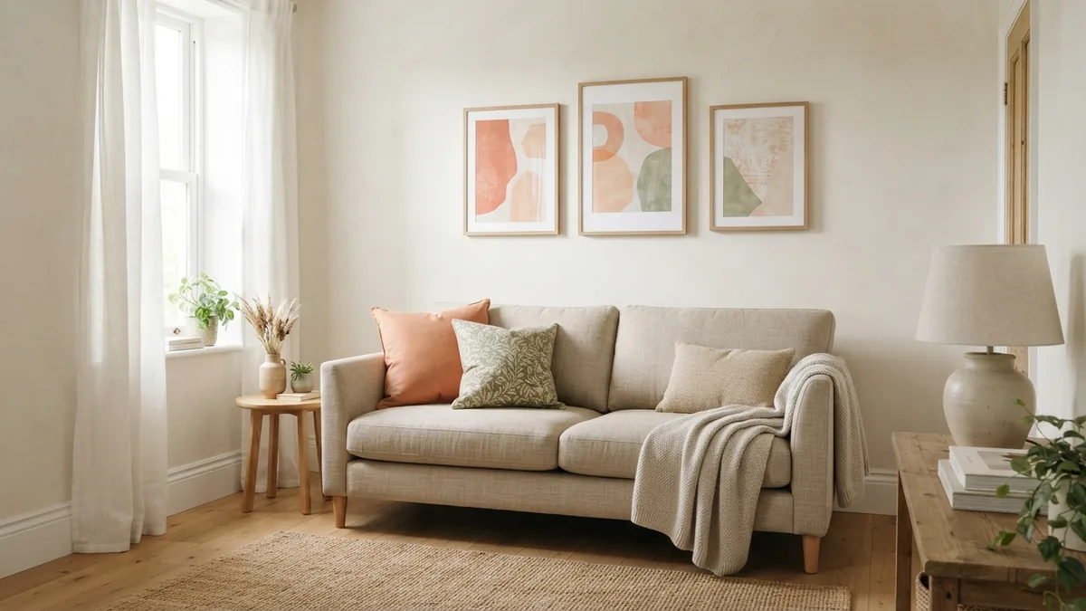 Neutral couch with balanced pillows and simple wall decor above it