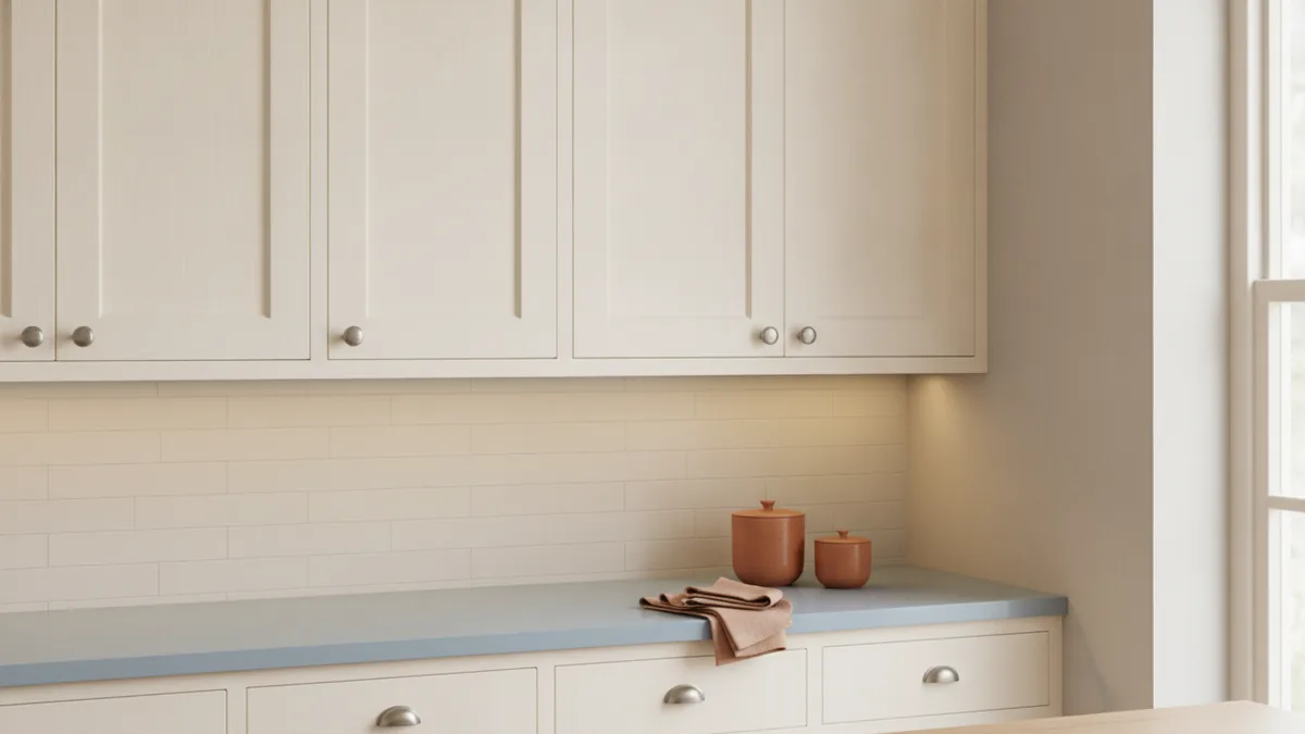 Check cream undertones Detail of cream kitchen cabinet undertones against a wall