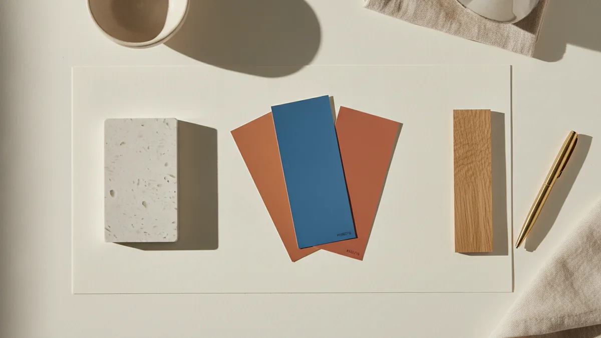 Color swatches and material samples used to plan kitchen paint shades