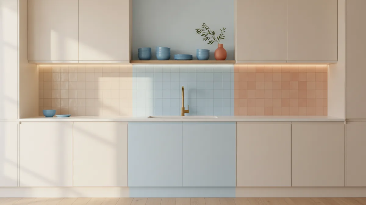 Compare wall shades Cream cabinets with wall color options shown by realistic lighting