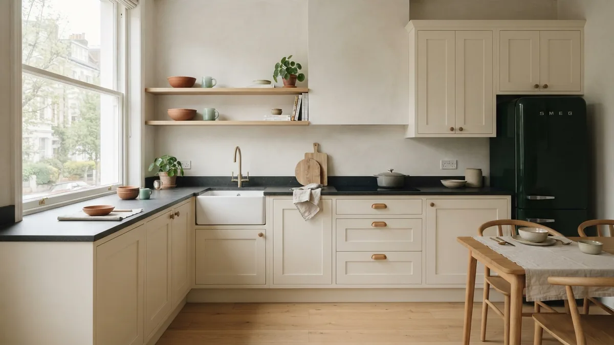 Cream and charcoal kitchen palette Cream kitchen cabinets with a charcoal worktop and warm pale oak details