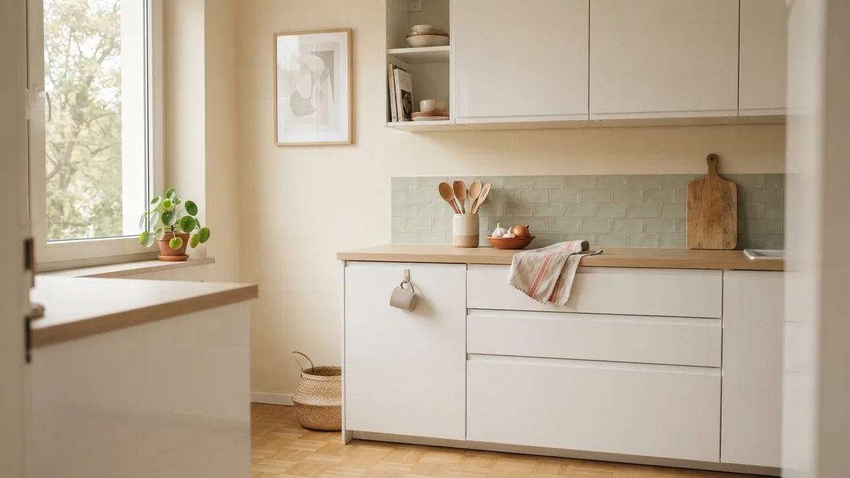 White gloss kitchen cabinets balanced by a soft matte pale wood worktop
