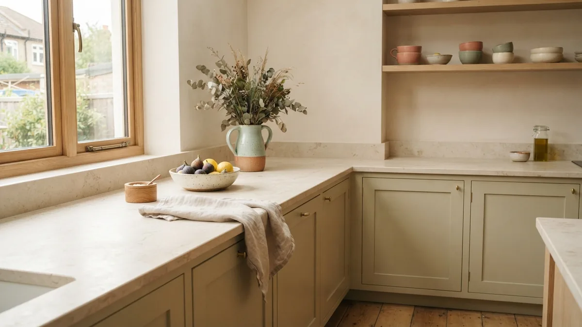 Matte stone worktop with subtle texture in a bright white European kitchen