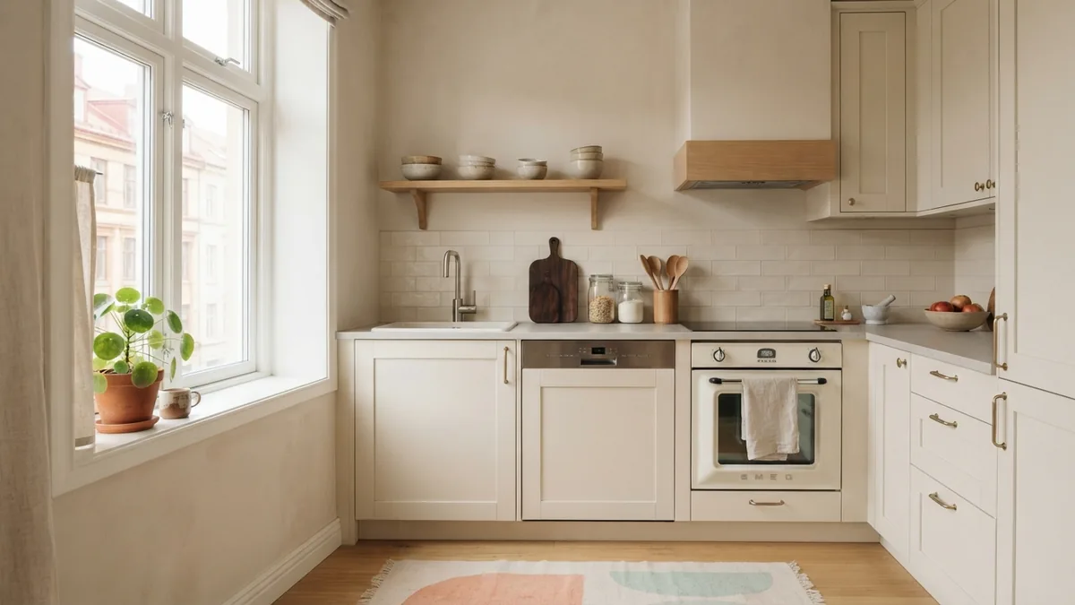 Light gray worktops and cream cabinets in a compact, naturally lit kitchen