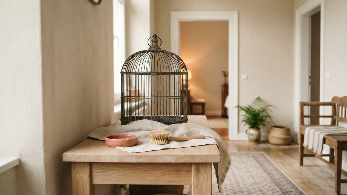 Preparing a birdcage for decor Clean metal birdcage with simple supplies on a light wood table
