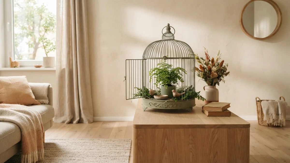 Simple birdcage display in a warm Scandinavian living room