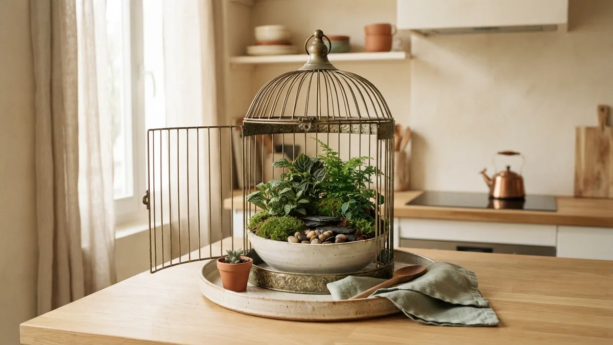 Birdcage terrarium project Birdcage terrarium with moss, pebbles, and small green plants