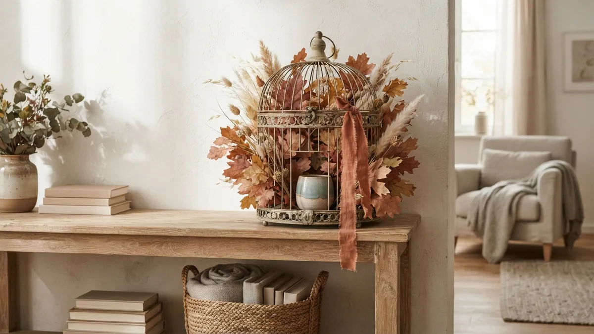 Seasonal birdcage display Birdcage filled with dried leaves and warm seasonal accents