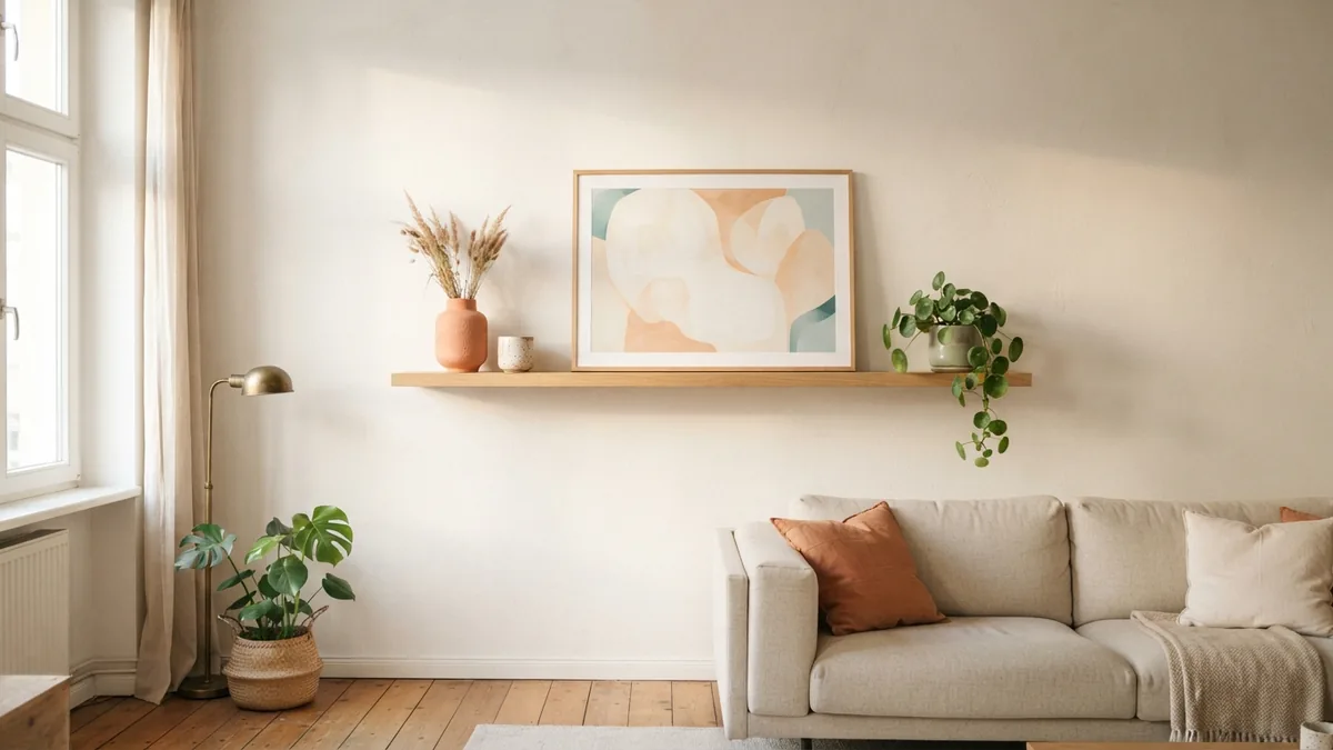 Wide living room wall with oak shelving, ceramics, plant, and large neutral artwork