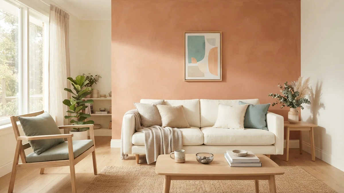 Muted terracotta accent wall behind a cream sofa in a calm Scandinavian living room