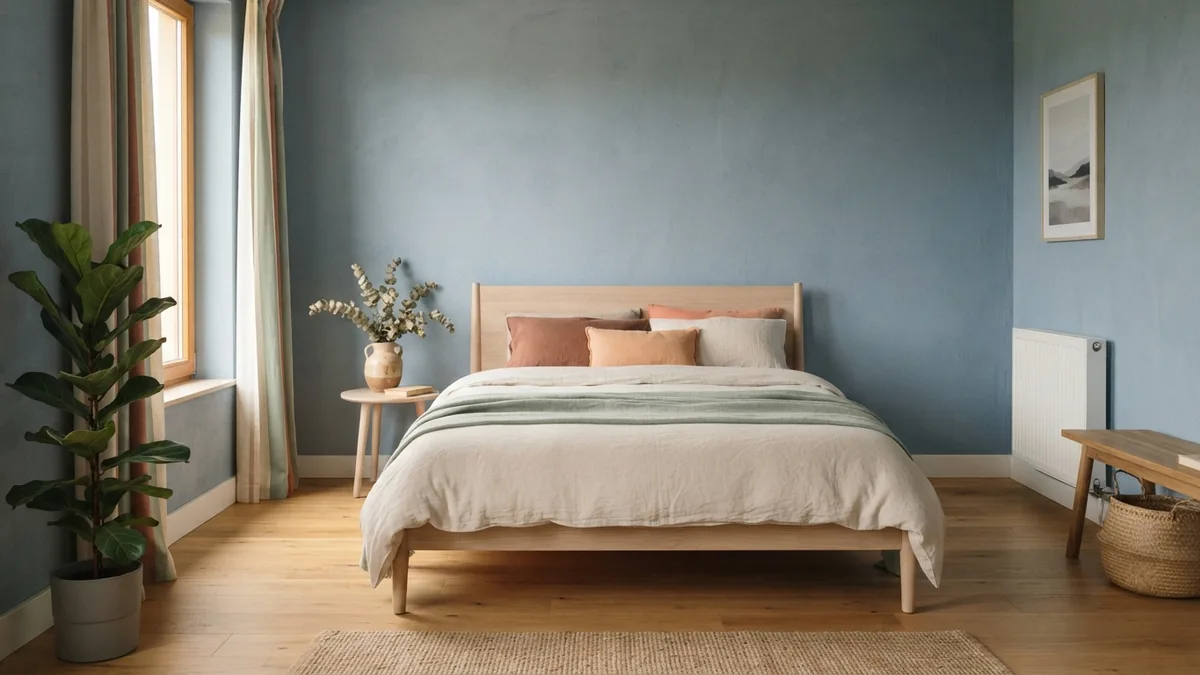 Balanced curtain pattern in a blue bedroom Bedroom with subtle patterned curtains that balance muted blue walls and pale natural furnishings