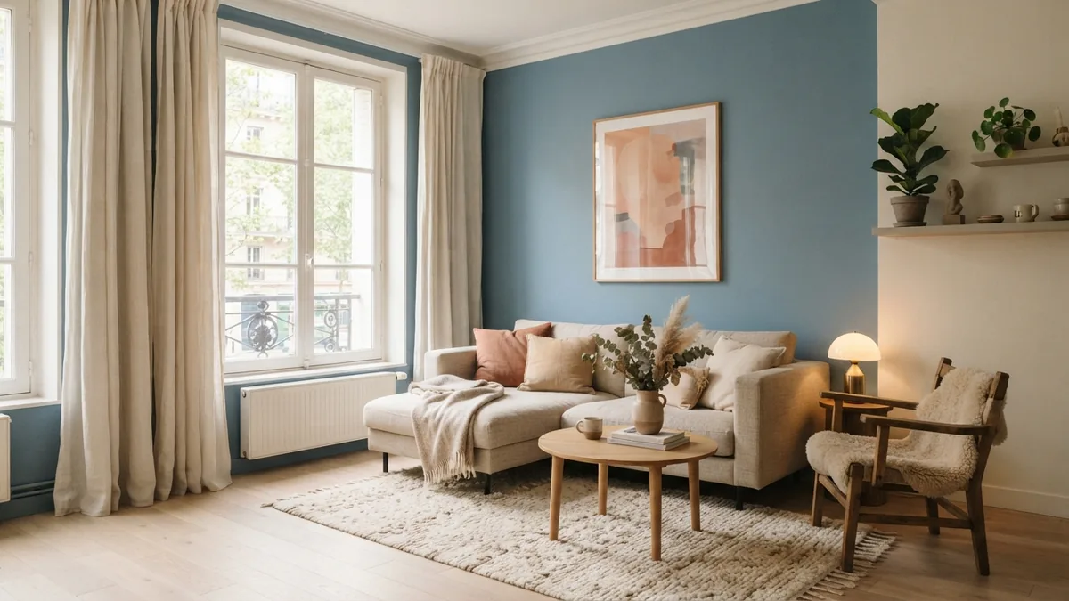 High-hung curtains create a taller room Floor-length cream curtains mounted near the ceiling to emphasize height in a blue room