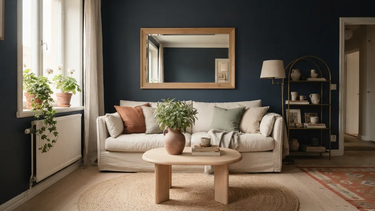 Balanced accent colors with dark blue Dark blue sitting area with cream furniture, brass accents, terracotta details, and soft sage greenery