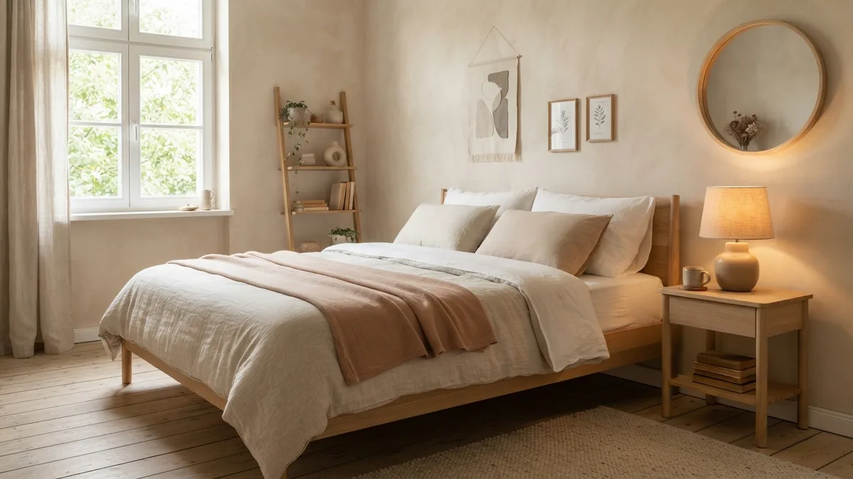 Layered lighting in a dark blue bedroom Dark blue bedroom with linen bedding, warm lamps, pale wood, and layered neutral textures