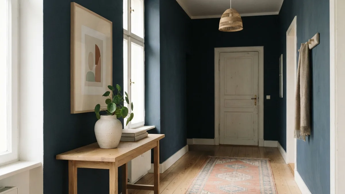 Dark blue hallway with pale framed artwork, light oak furniture, ceramic decor, and fresh greenery