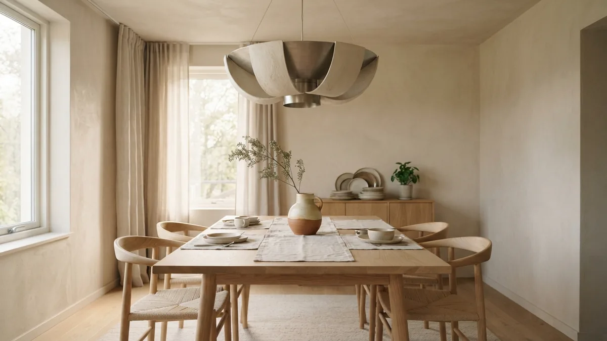 Broad chandelier above a dining table with a simple ceramic centerpiece