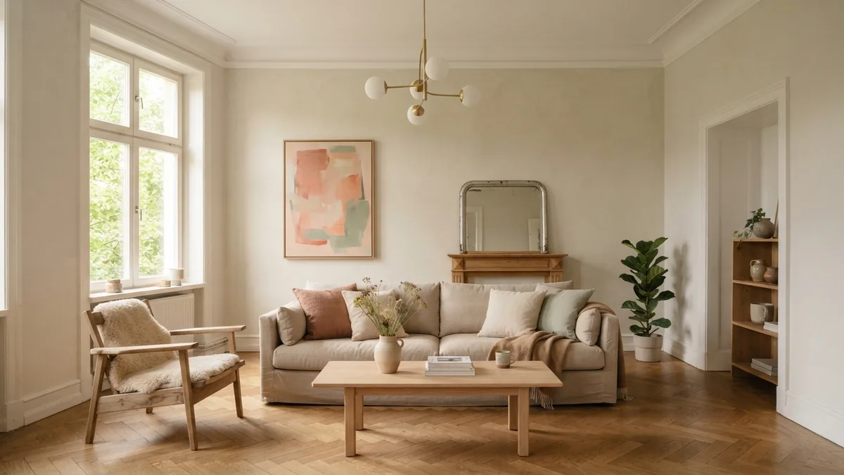 Calm European living room with a chandelier placed in the main visual zone