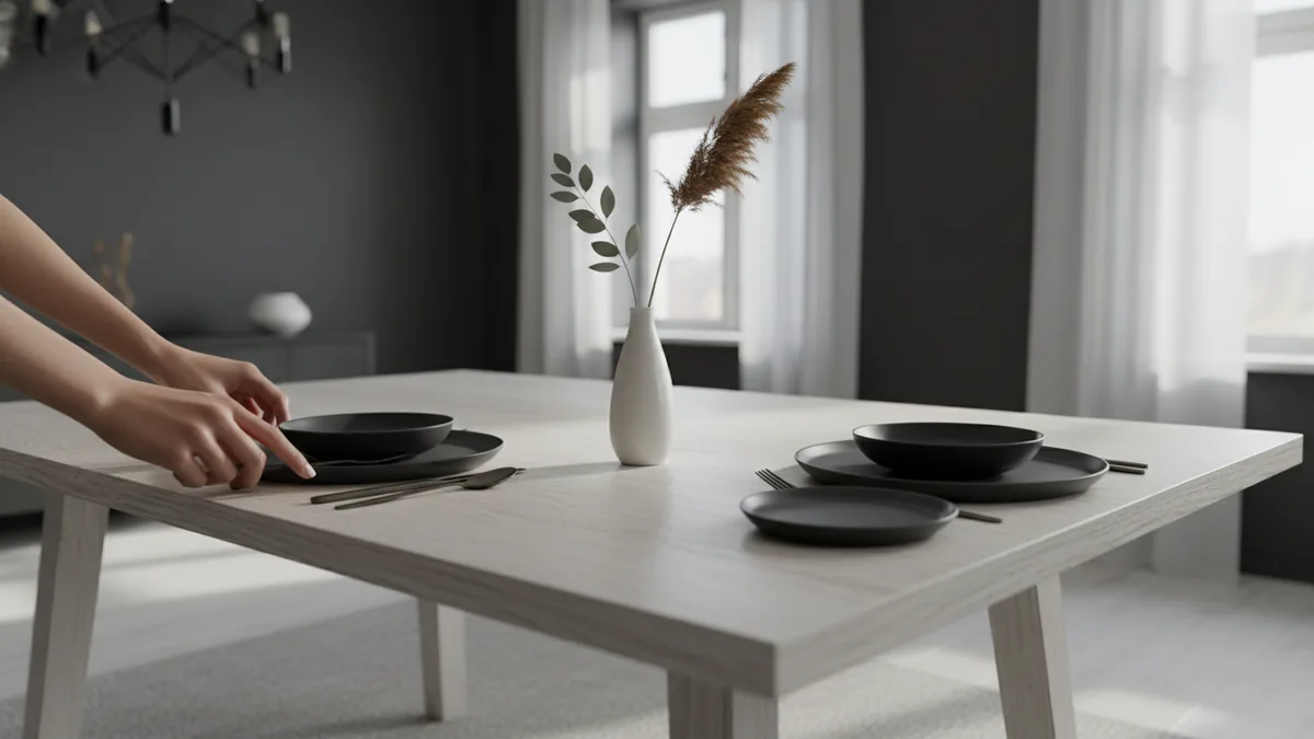 People setting the dining room table with plates and cutlery