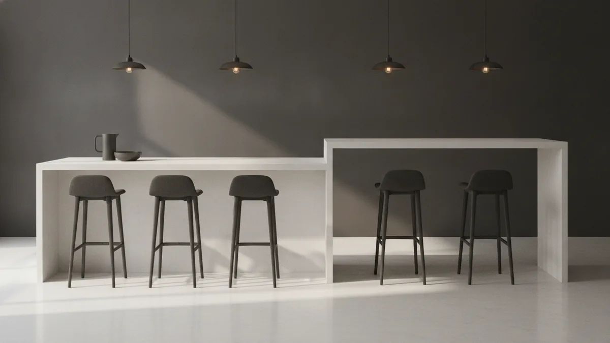 Kitchen island showing counter-height and bar-height stools for height comparison.