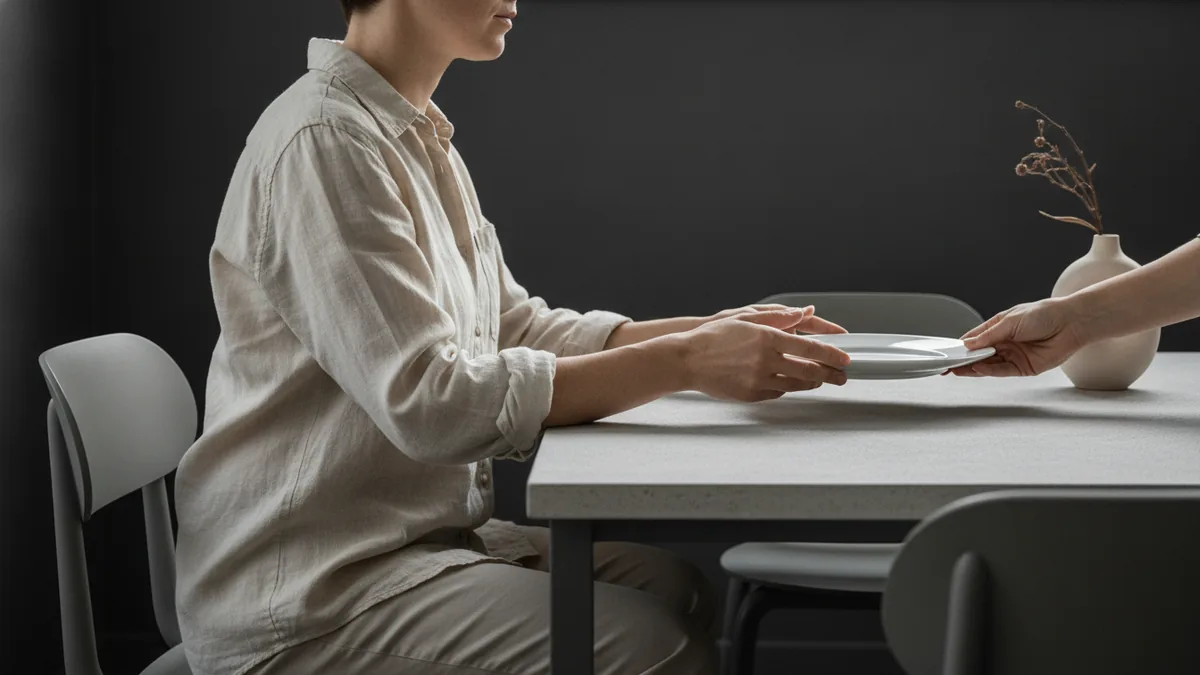 How to test comfort at the table Side view of seated comfort at a dining table with plates placed naturally.