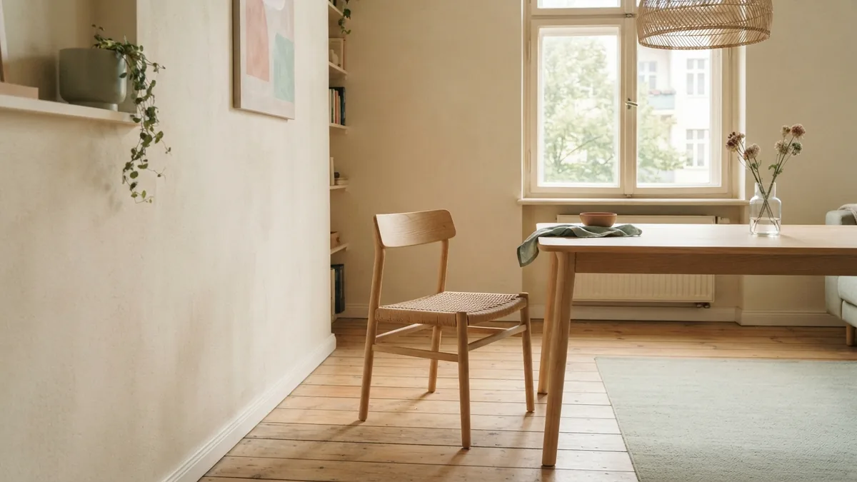 Pulled-back dining chair showing clear space between the table and wall
