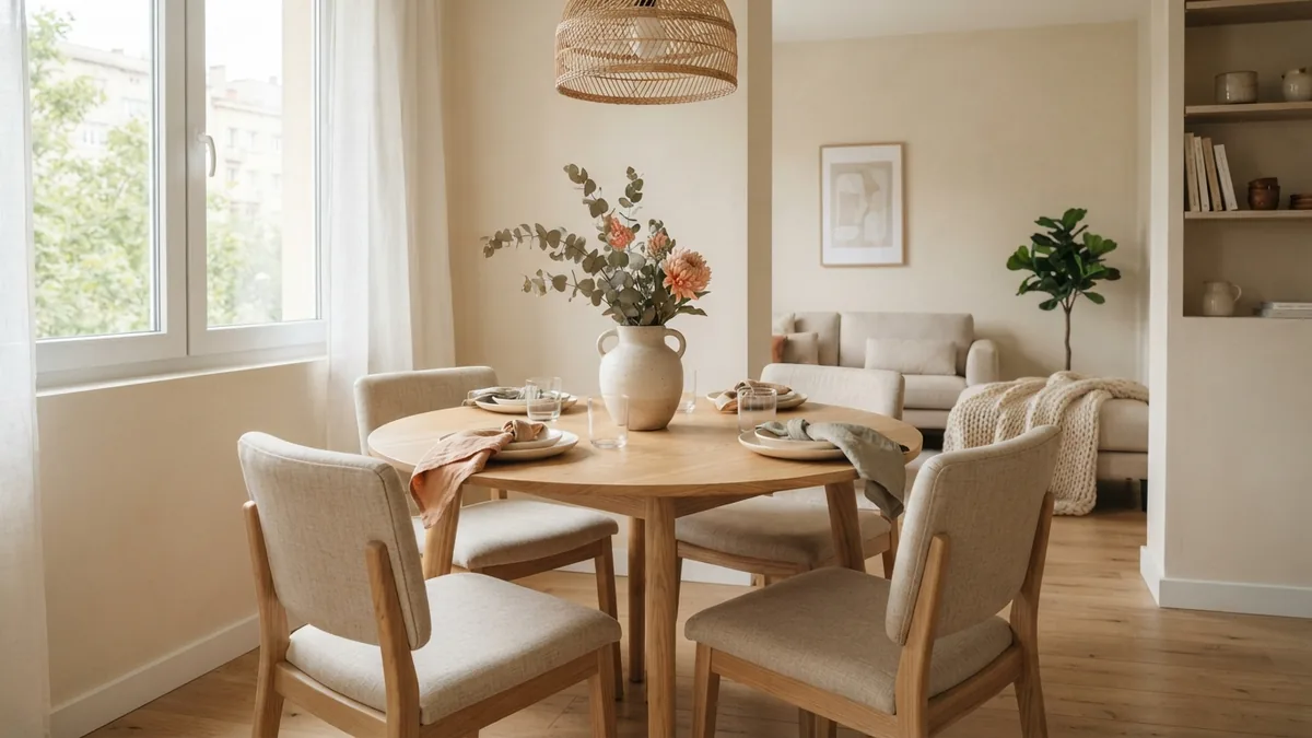 Round table in a compact dining room Round oak dining table with chairs arranged in a compact dining space