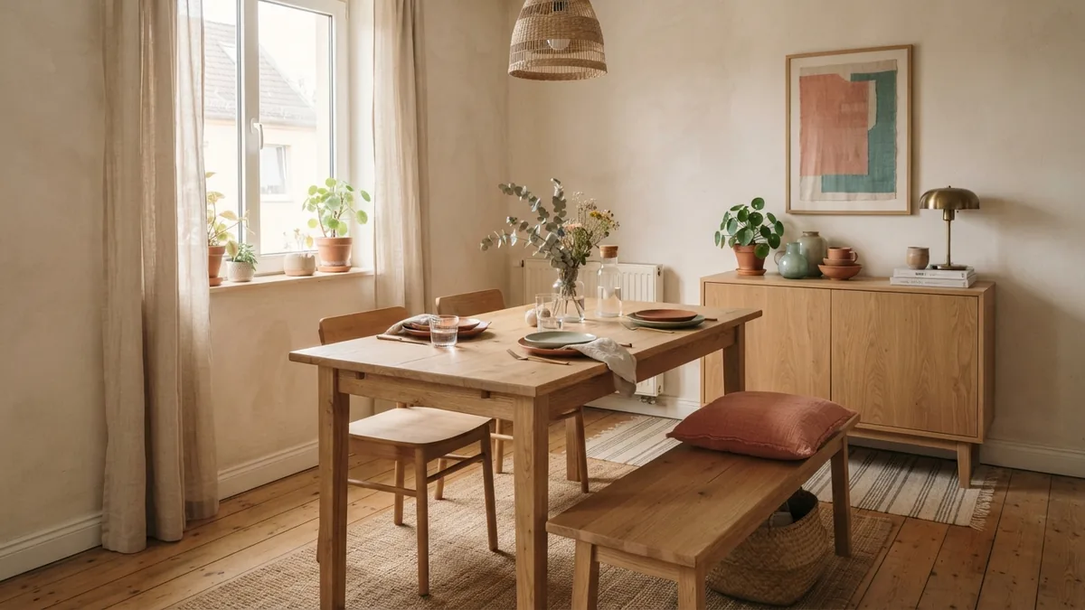 Compact dining layout with a bench and open walkway beside a sideboard