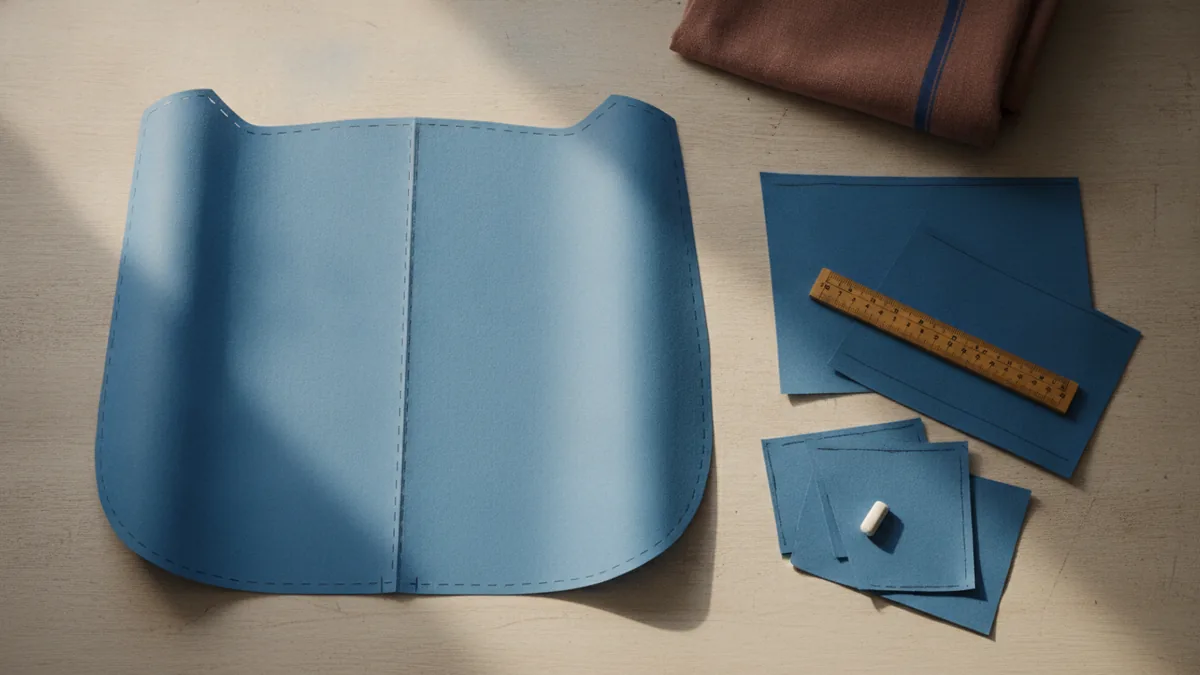 Cutting a chair cover pattern Paper pattern and cut fabric pieces shaped for a dining chair seat
