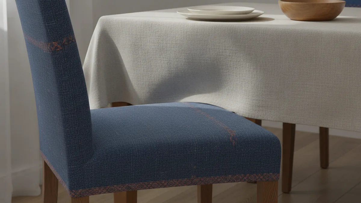 Sewn dining chair cover fitted over a shaped seat with neat hems