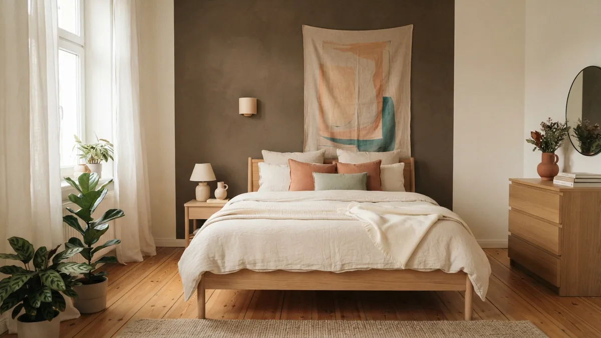 A deep wall color creates calm visual depth Small European bedroom using a deep wall color with light bedding and open space