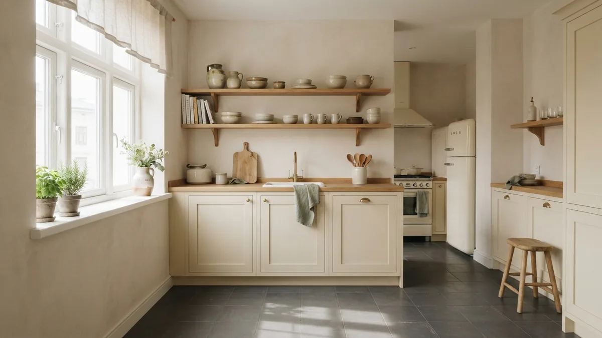 Bright European kitchen with a muted dark floor and warm natural daylight