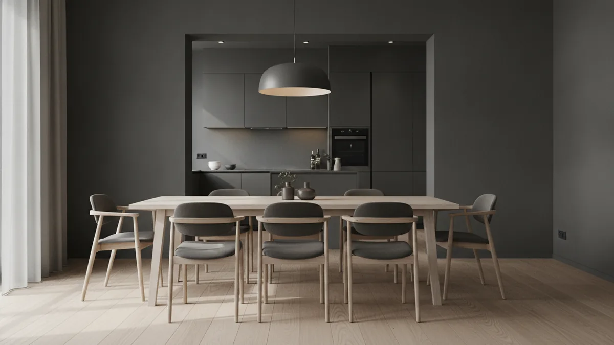 Dining table placement near the kitchen with clear space to move