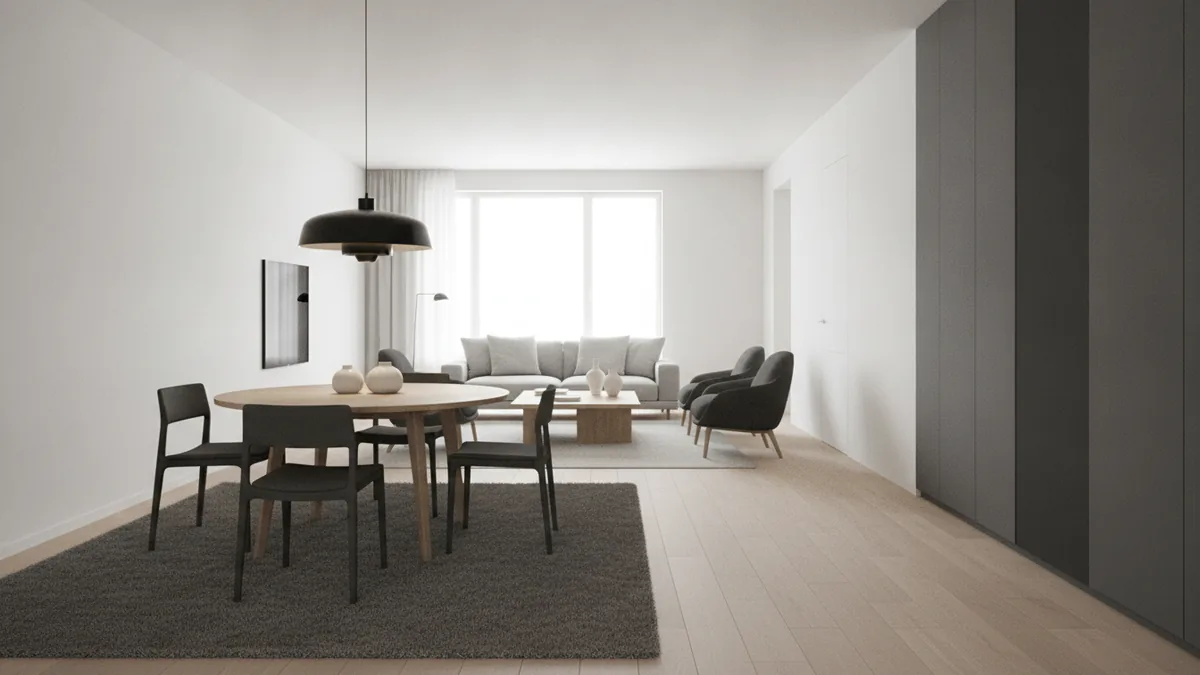 Open-plan dining area defined by rug and focused lighting