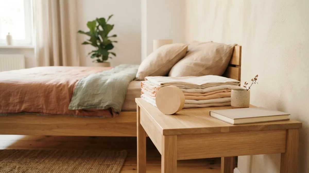 A simple bedroom humidity check Bedroom corner with cotton bedding and a small humidity meter on pale wood furniture