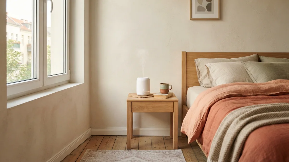 Cool-mist humidifier placed safely on a pale oak table in a warm neutral bedroom