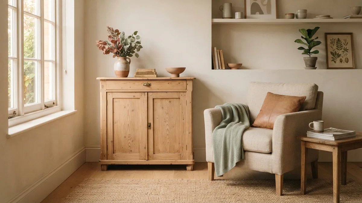 Second-hand finds for a welcoming home A second-hand oak cabinet and linen chair add character to a tidy living room