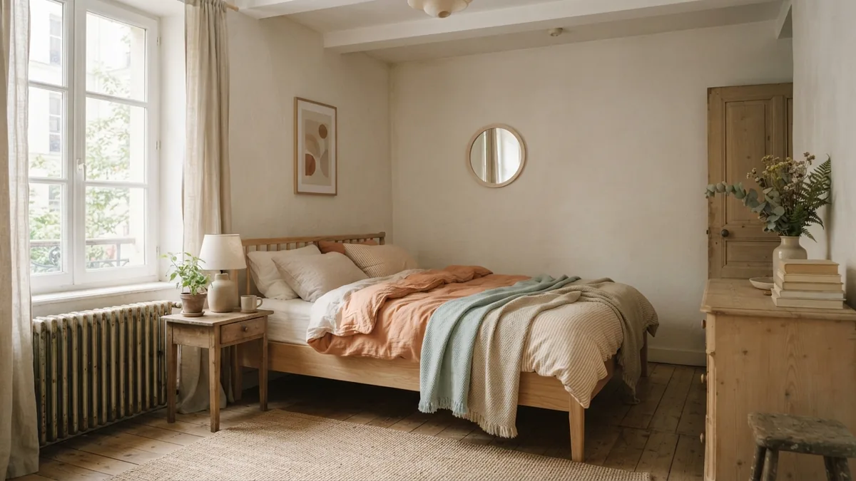 A simple bedroom with a pale wood bed frame and soft neutral linens