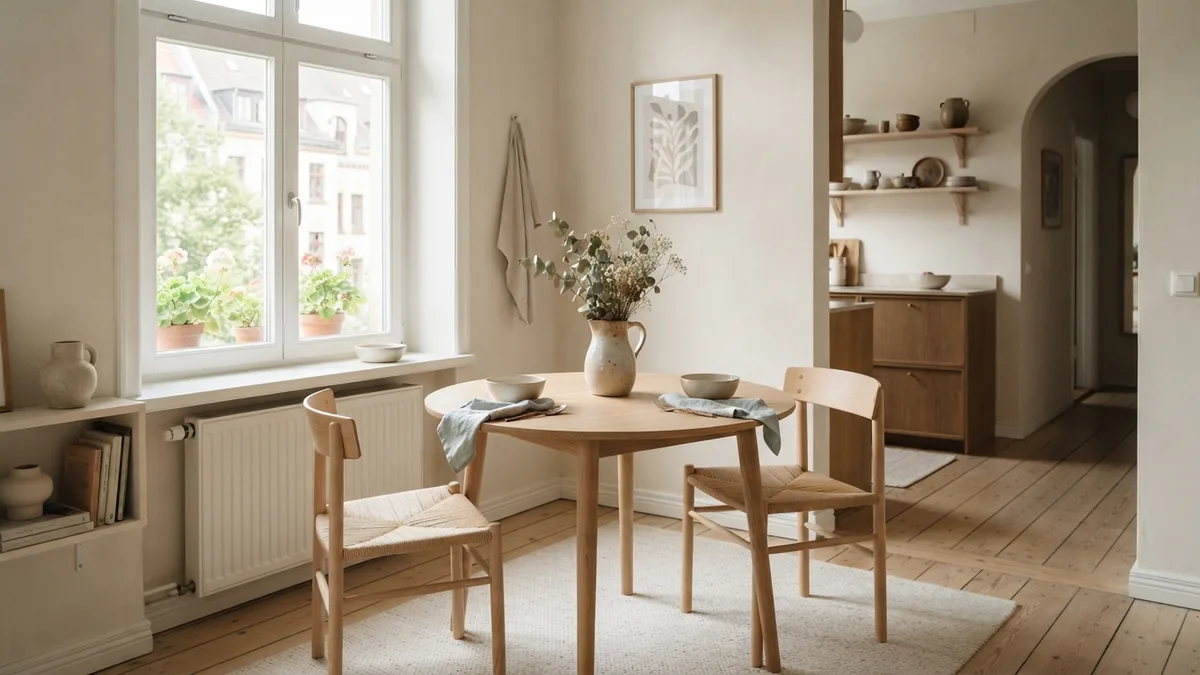 A compact dining space for daily use A compact dining nook with a light wood table suited to a small home