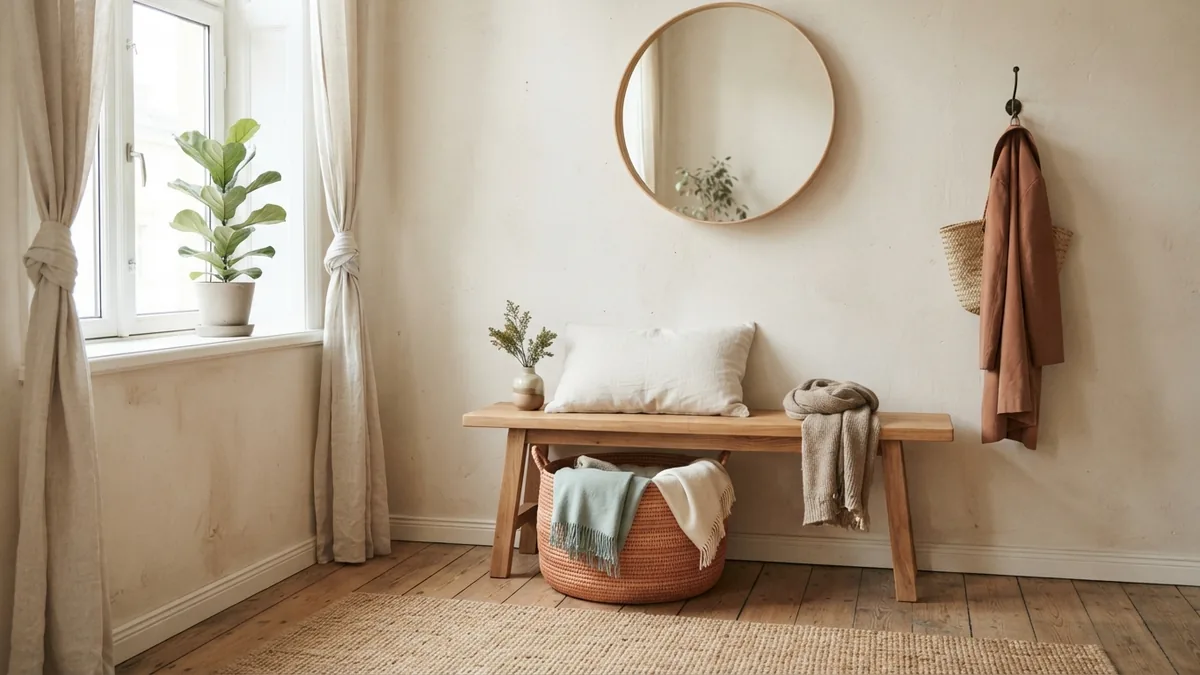 A neat entryway with a practical oak bench and basket for everyday storage