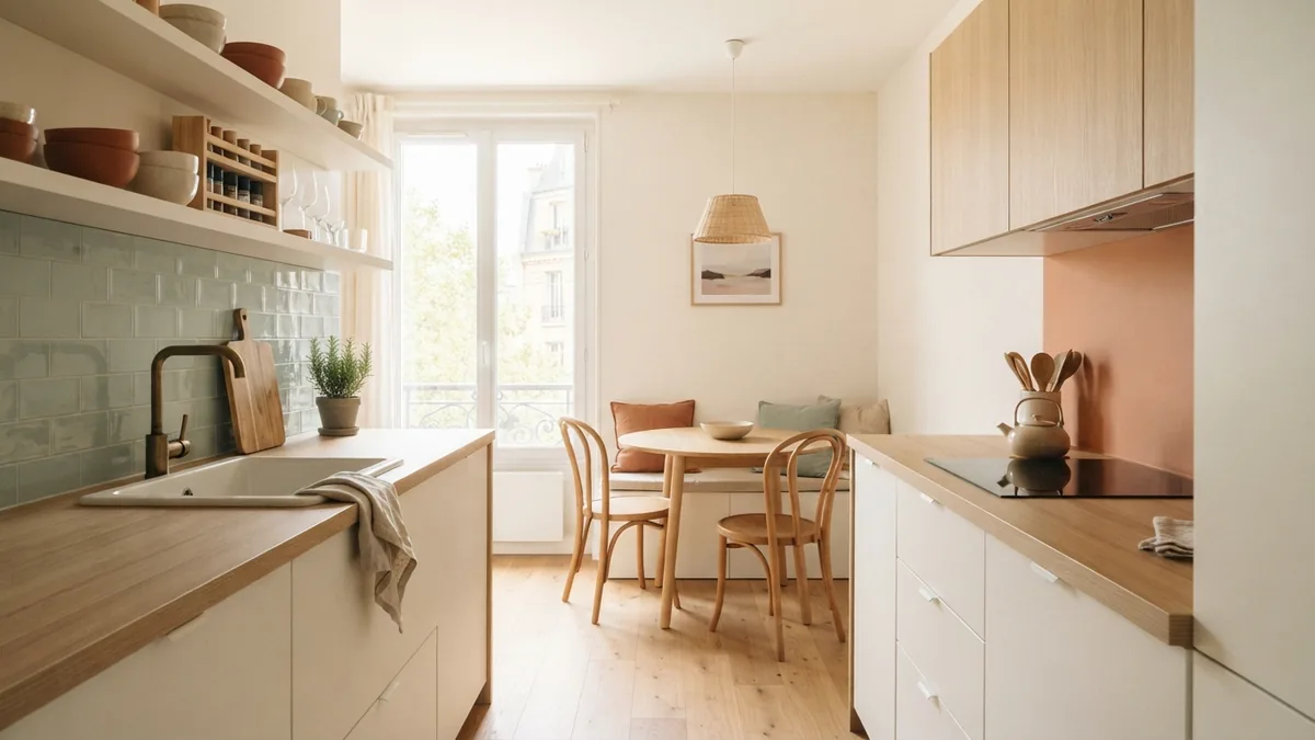 Efficient apartment galley kitchen with two counter runs and a cozy dining nook